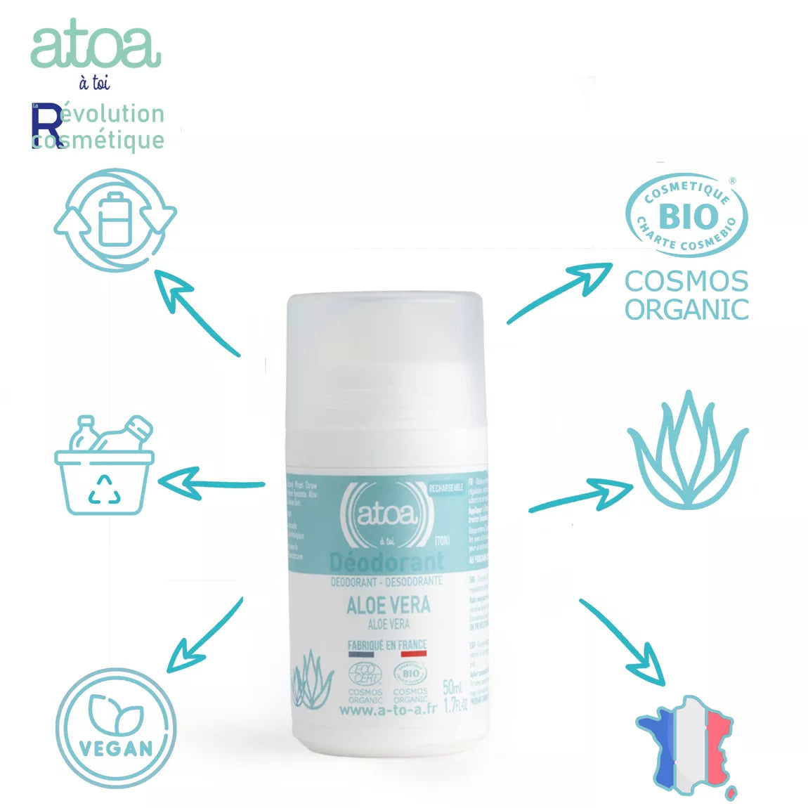 Déodorant Bio Nénuphar ou Aloe vera ou Fleur d'oranger - COSMOS ORGANIC - 50ml - RECHARGEABLE
