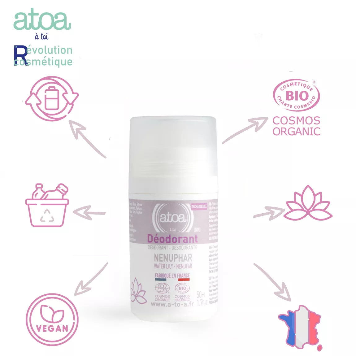 Déodorant Bio Nénuphar ou Aloe vera ou Fleur d'oranger - COSMOS ORGANIC - 50ml - RECHARGEABLE