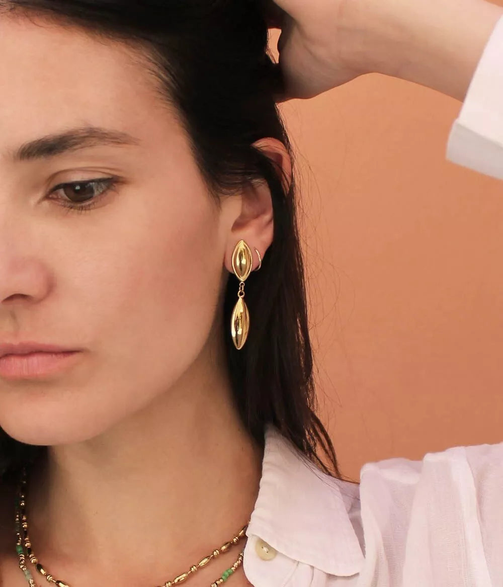 boucles à pendants forme de gouttes dorées à puce sur oreille femme de face 