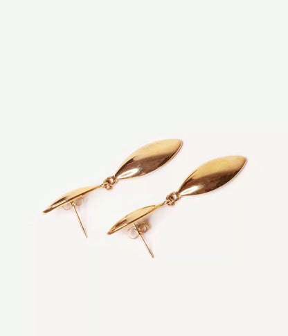 boucles à pendants forme de gouttes dorées à puce sur fond blanc vue des attaches 