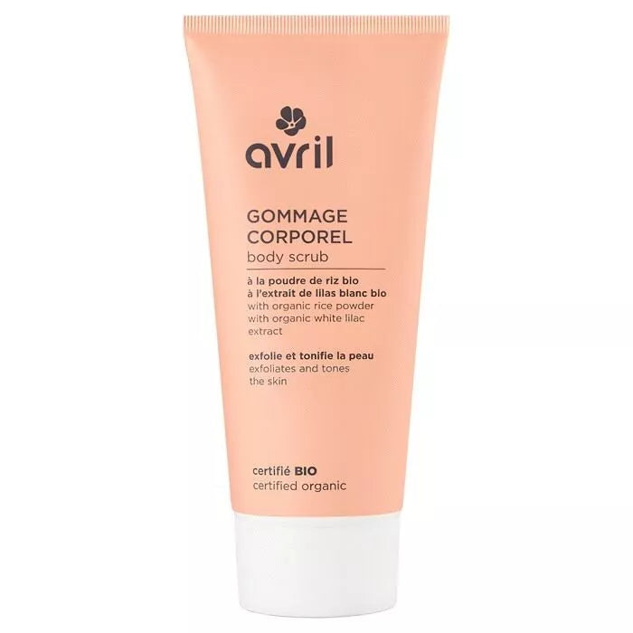 gommage corps avril bio flacon orange sur fond blanc
