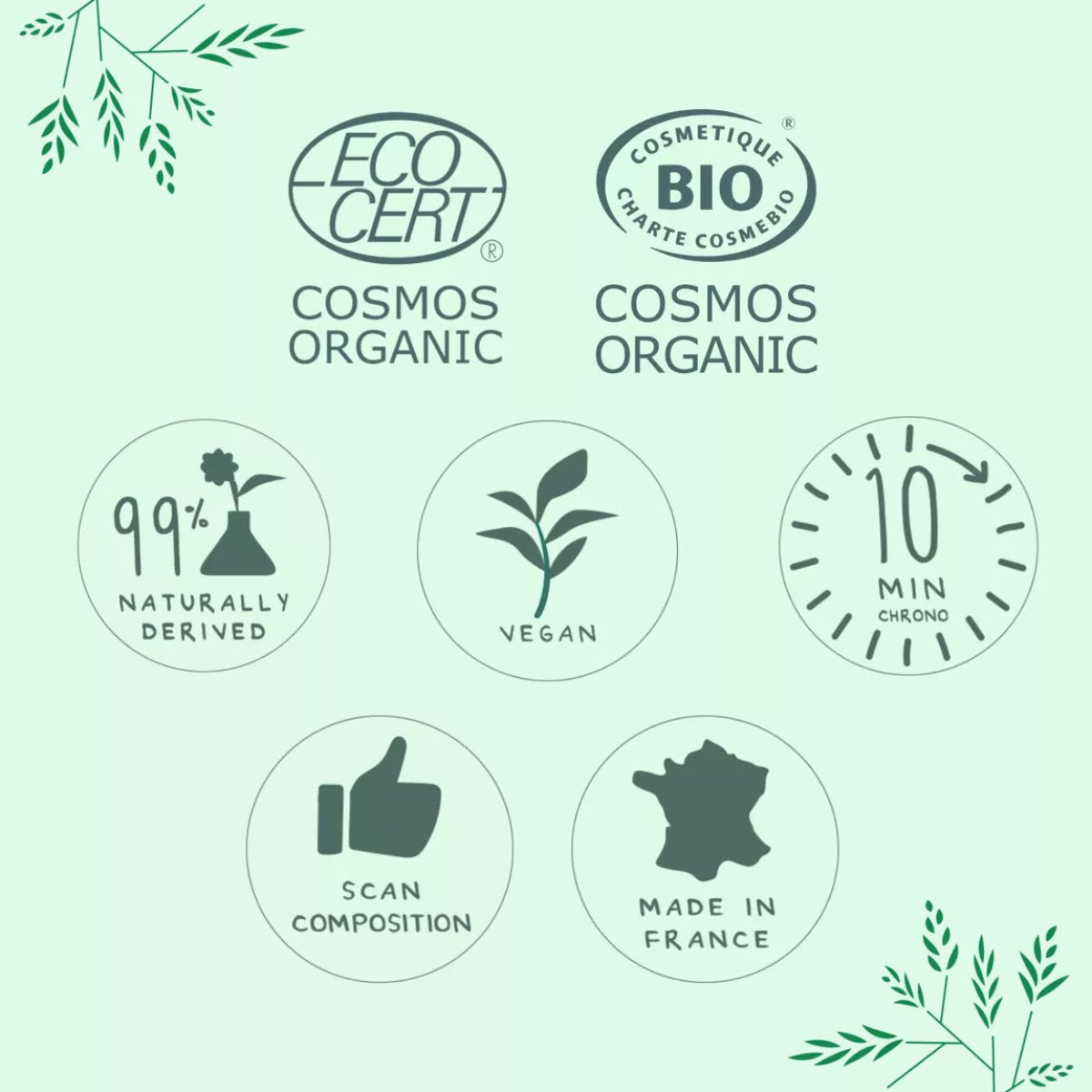 Labels du masque visage bio : Ecocert, Cosmos Organic, 99% naturel, vegan, made in France, scan composition, efficacité 10 minutes


