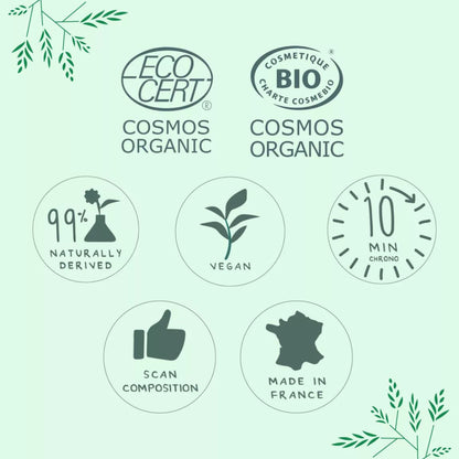 Labels du masque visage bio : Ecocert, Cosmos Organic, 99% naturel, vegan, made in France, scan composition, efficacité 10 minutes

