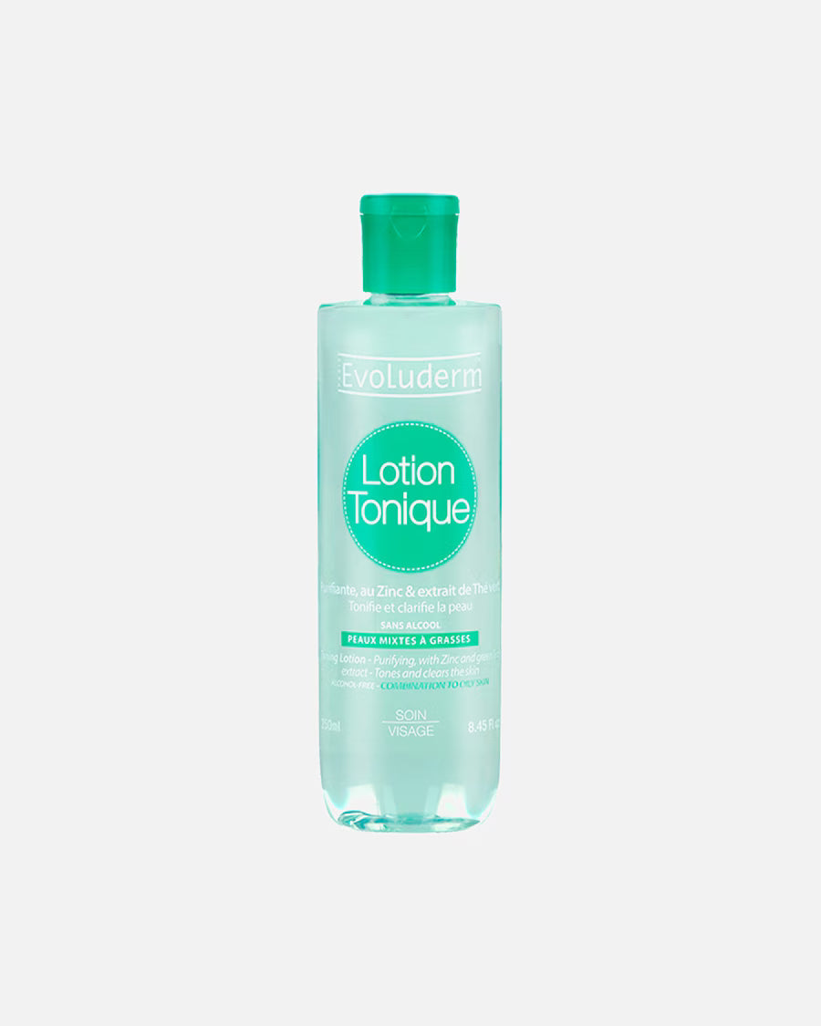 lotion tonique purifiante evoluderm flacon vert sur fond blanc