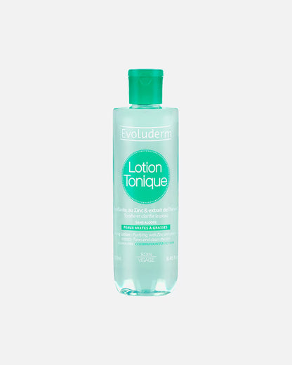 lotion tonique purifiante evoluderm flacon vert sur fond blanc
