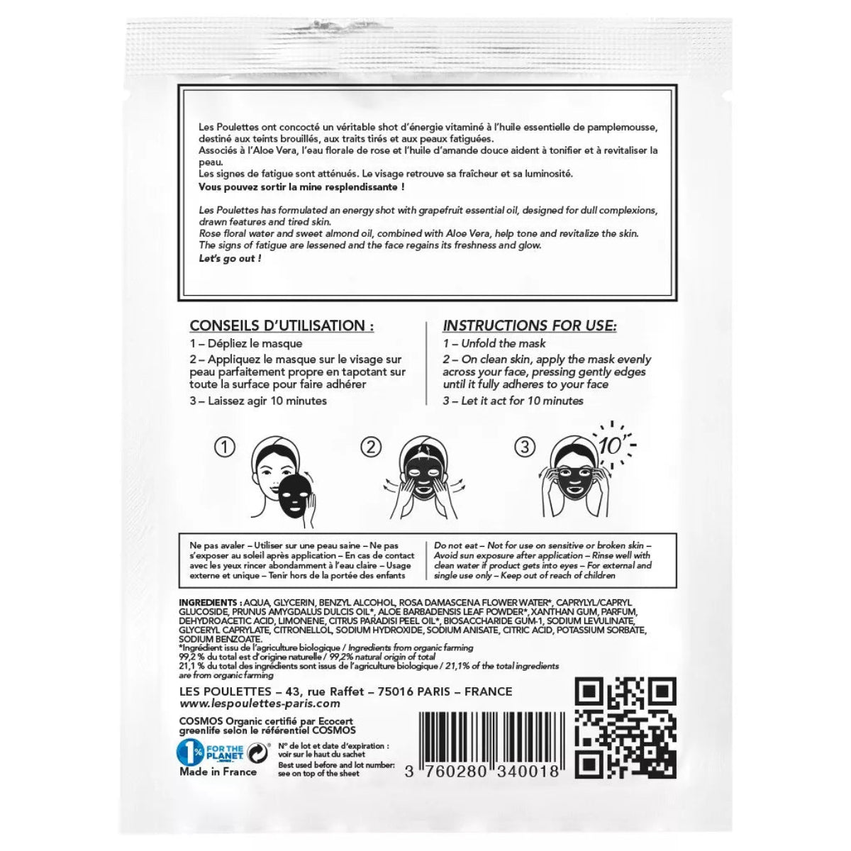 Huile essentielle de pamplemousse, huile d’amande douce, aloe vera, eau de rose – actifs naturels du masque