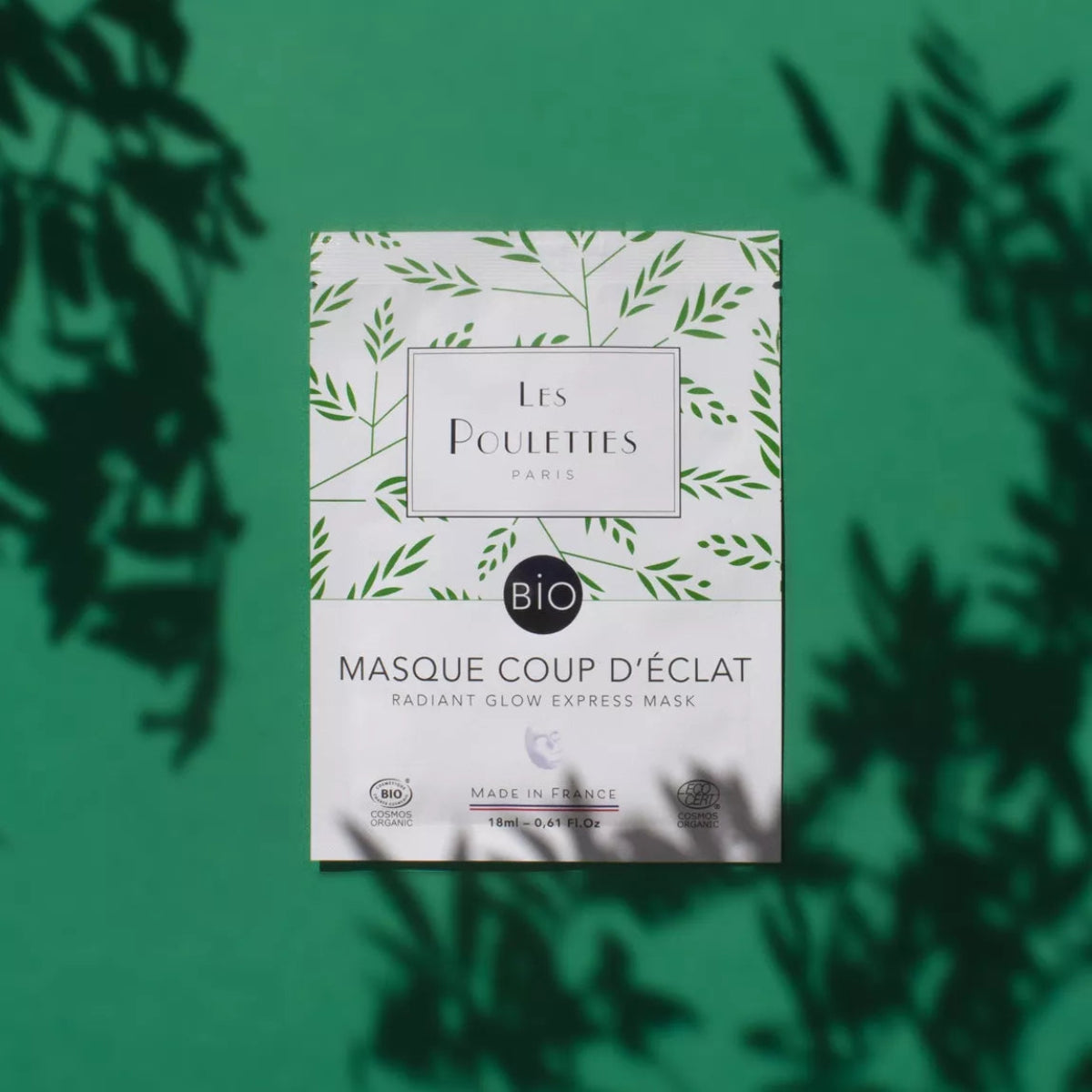 Packshot du masque visage Coup d’Éclat bio Les Poulettes Paris, ombres végétales naturelles
