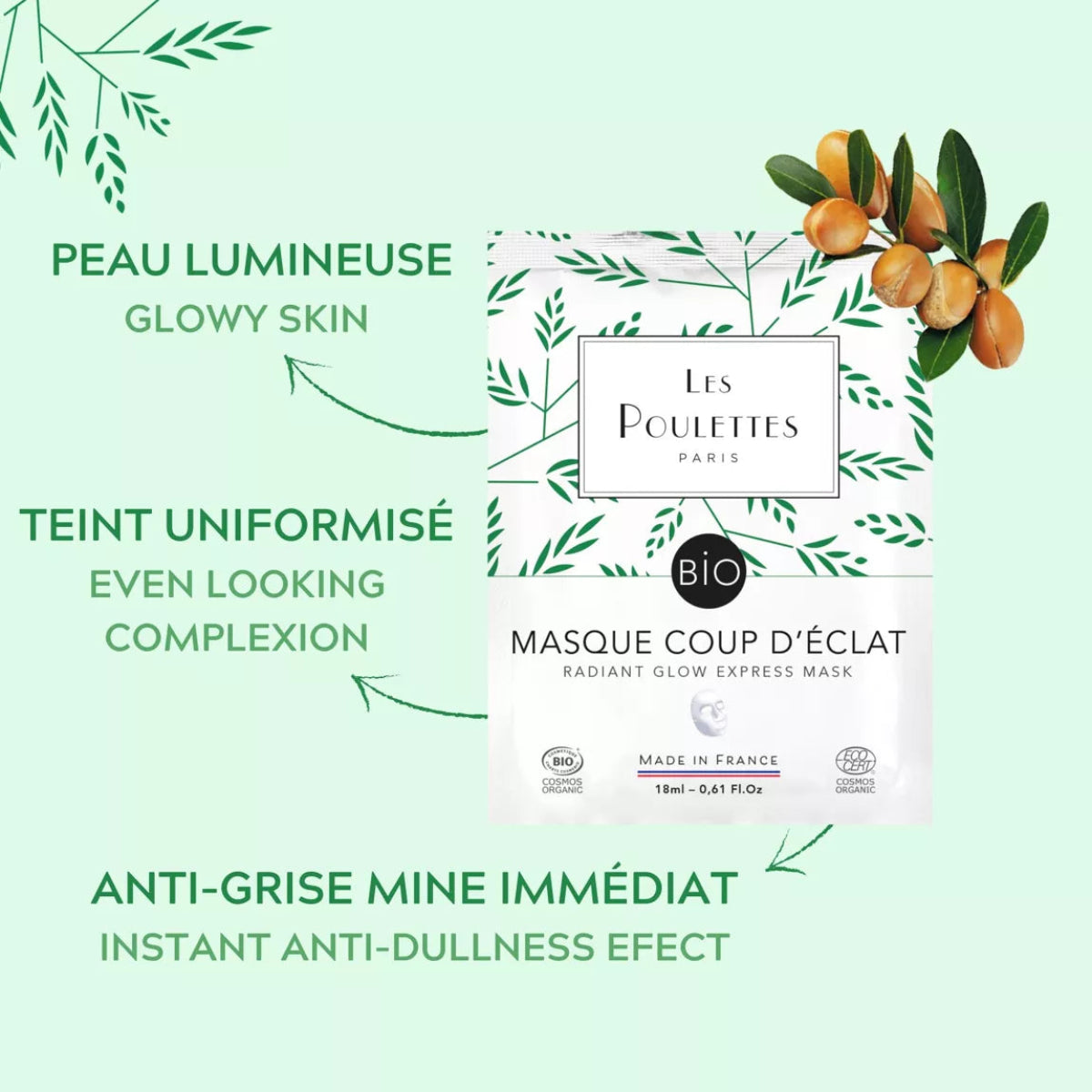 Masque visage Coup d’Éclat Les Poulettes Paris, effet peau lumineuse, teint uniforme et bonne mine immédiate
