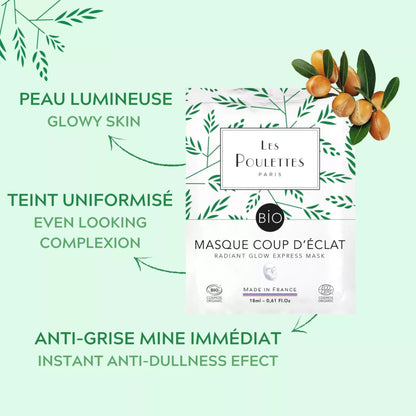 Masque visage Coup d’Éclat Les Poulettes Paris, effet peau lumineuse, teint uniforme et bonne mine immédiate