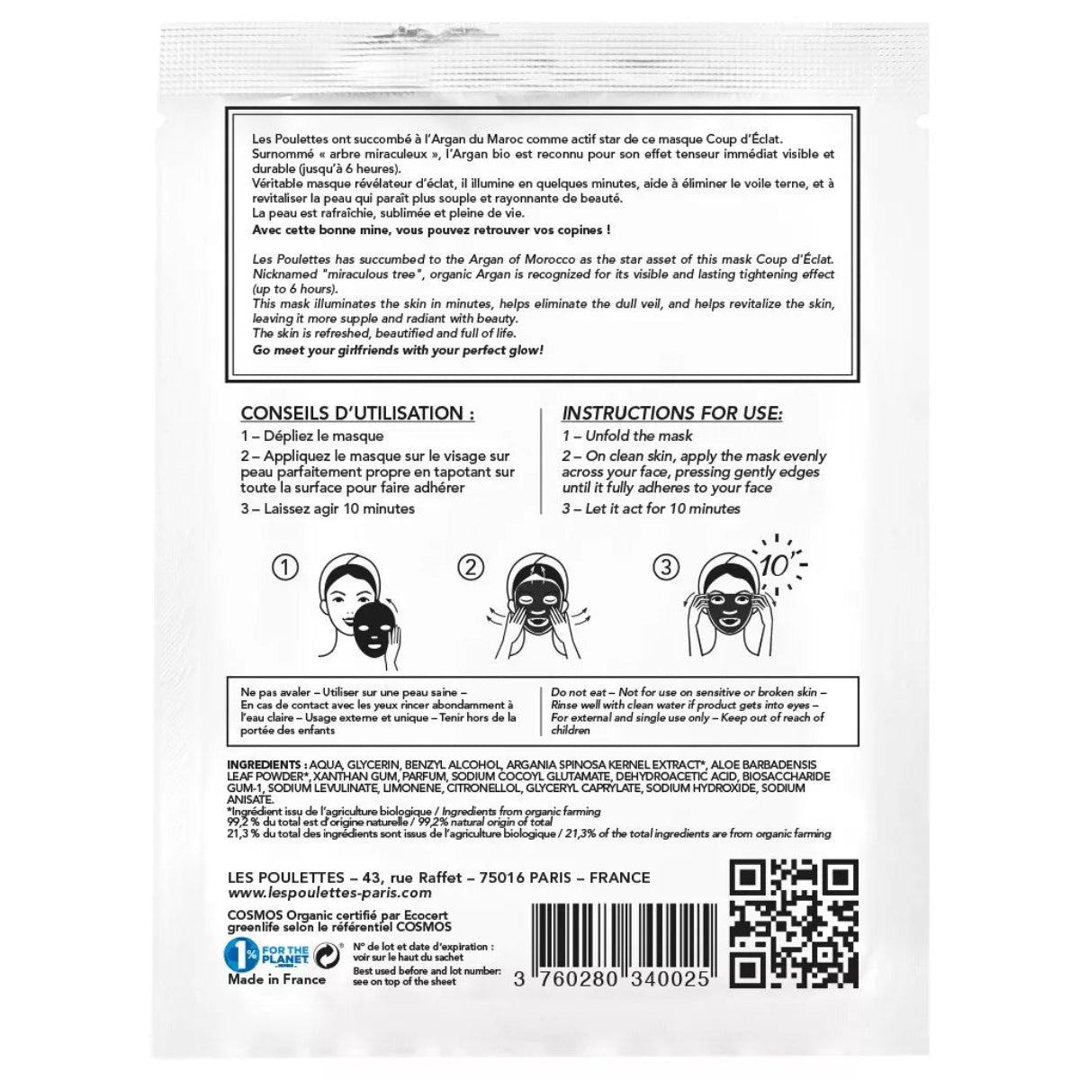 Conseils d’utilisation et liste d’ingrédients du masque visage Coup d’Éclat bio – tissu coton, huile d’argan, aloe vera, glycérine – certifié COSMOS ORGANIC