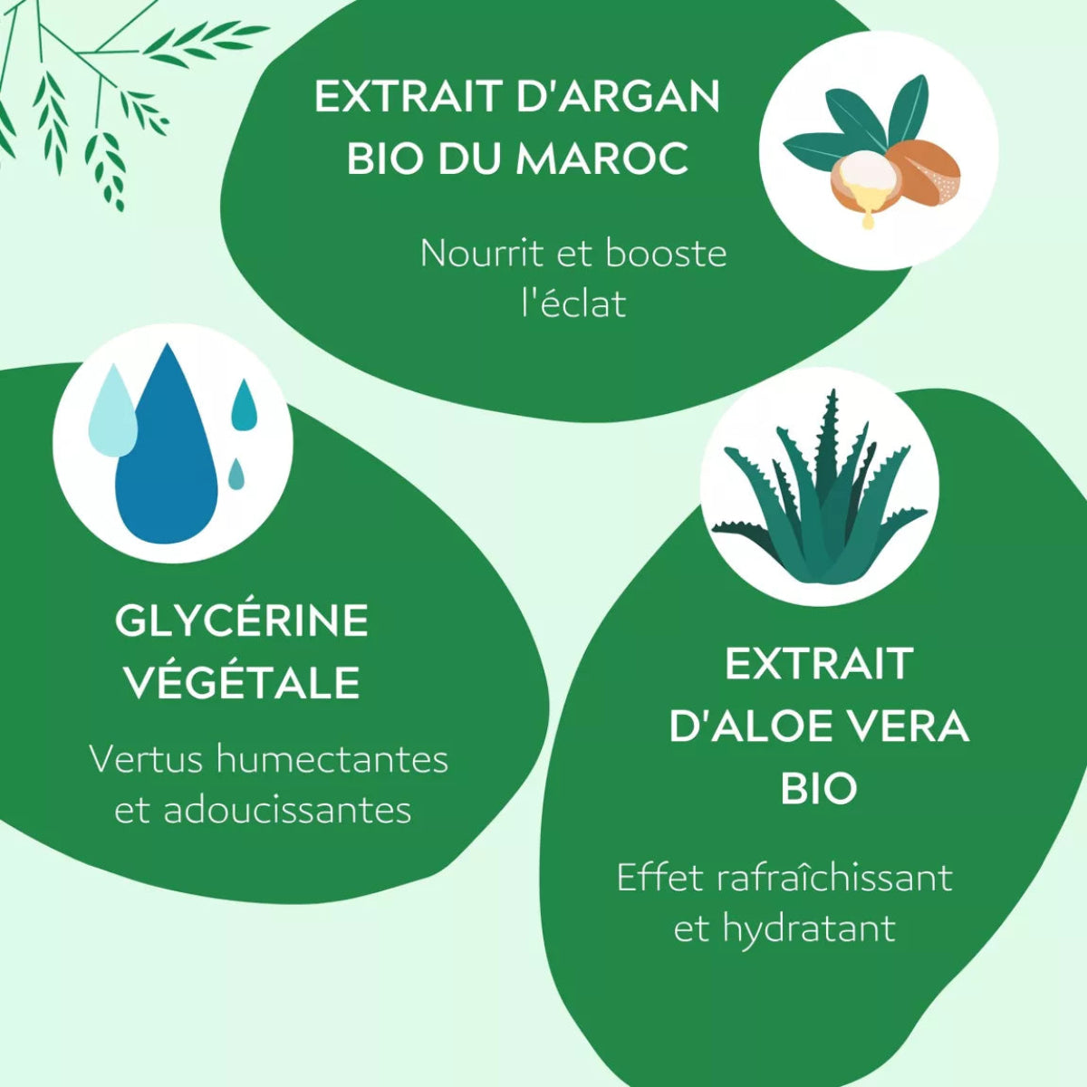 Ingrédients du masque visage bio Coup d’Éclat : huile d’argan du Maroc, aloe vera bio, glycérine végétale – éclat et hydratation naturelle