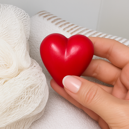 Main tenant un savon rouge en forme de cœur, posé sur une serviette blanche dans une ambiance de salle de bain cocooning